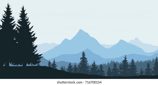 Panoramic view of mountain landscape with forest and hill under blue sky with clouds - vector illustration