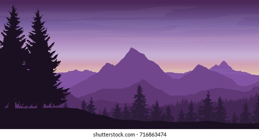 Panoramic view of mountain landscape with forest and hill under violet sky with dawn and clouds - vector illustration