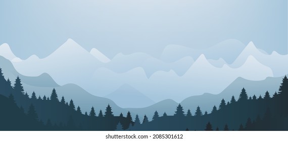 Panoramic View Of The Mountain Landscape And Fur Tree With Gradient Mesh, Vector Illustration.