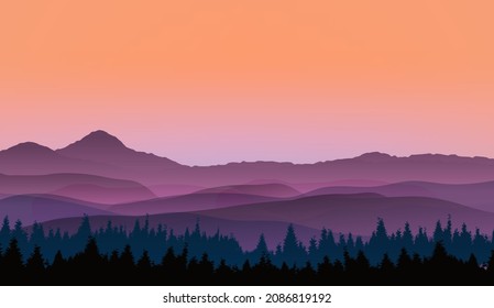 Panoramic View Mountain Landscape And Fur Trees With Gradient Mesh, Vector Illustration