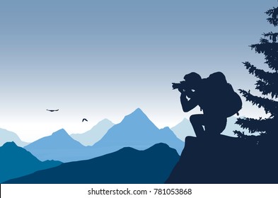 panoramic view of a mountain landscape with mist in a valley with a touring photographer under a blue sky - vector