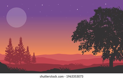 A panoramic view of the mountains with aesthetic silhouettes of pine trees under a beautiful starry sky. Vector illustration of a city