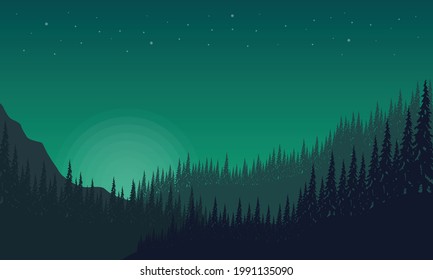 Panoramic view of mountains with extraordinary forest from the outskirts of the city at night. Vector illustration of a city