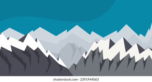 Panoramic view of the mountains. Flat illustration in blue tones. Horizontal background with mountain range, with snow-capped peaks. High-mountain landscape. Minimalistic illustration.