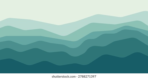 Panoramic view of mountains and hills early in the morning daylight. Beautiful teal geometric bg sleek desktop wallpaper. Vector illustration of beautiful panoramic view. Mountain background, hill landscape. EPS 10.



