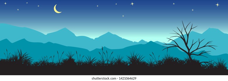 Panoramic view of the mountains at night. Panoramic wallpaper with mountain views. EPS 10. Stock vector illustratio.