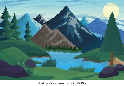 Panoramic view  mountains raging mountain river beautiful nature landscape background summer vacation traveling. Fully shady trees, flower, river, grass, rock and mountain
Vector Illustration.