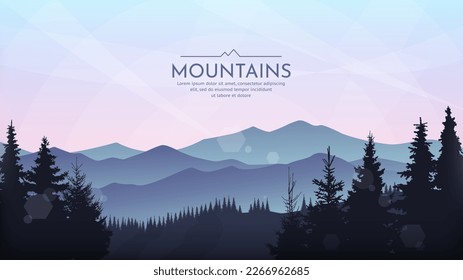 A panoramic view of the mountains. Silhouettes of coniferous trees in the foreground. Foggy mountain landscape. Morning twilight. Vector illustration background. The concept of tourism, travel.