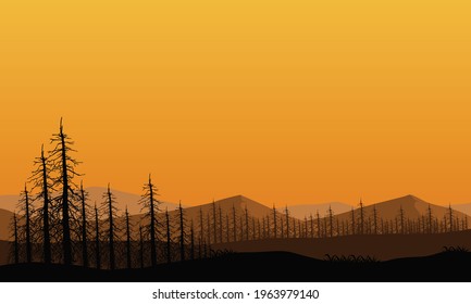 Panoramic view of mountains silhouettes with a forest at dusk from the suburbs. Vector illustration of a city
