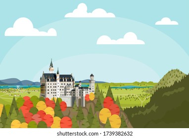 The panoramic view of the Neuschwanstein Castle in autumn season, the village, the lake on Clear day. Vector illustration flat design for banner, poster, and web background. Bavarian Alps of Germany.