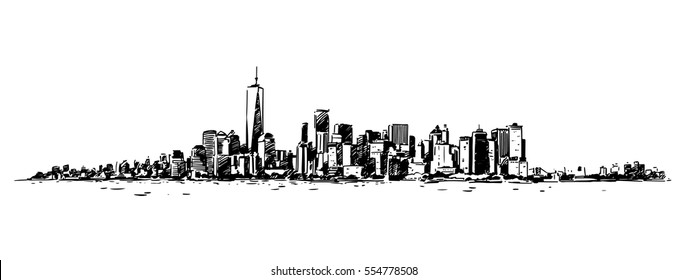 Panoramic View of New York from Hudson. Ink hand drawn sketch