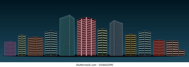 Panoramic view of night city. Vector illustration.