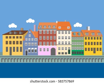 Panoramic view of Nyhavn Harbor, Copenhagen, Denmark. Vector illustration