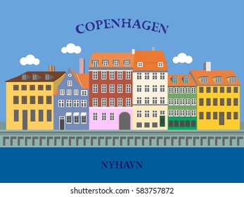 Panoramic view of Nyhavn Harbor, Copenhagen, Denmark. Vector illustration