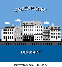 Panoramic view of Nyhavn Harbor, Copenhagen, Denmark. Vector illustration