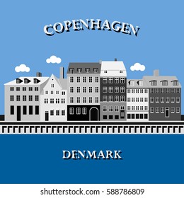 Panoramic view of Nyhavn Harbor, Copenhagen, Denmark. Vector illustration