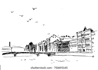 Panoramic view of the old city with his houses, roofs, bridge, river and flying birds.Vector illustration.