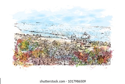 Panoramic view Old Goa for with majestic churches, Goa, India. Watercolor splash with hand drawn sketch illustration in vector.