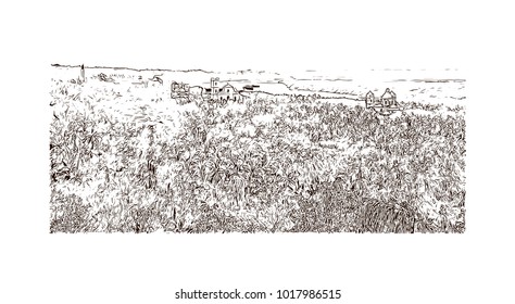 Panoramic view Old Goa for with majestic churches, Goa, India. Hand drawn sketch illustration in vector.