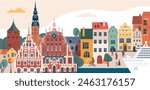 Panoramic view of old part of Riga. Famous buildings symbols and landmarks. Flyer or poster welcome to Latvia. Medieval European city.  Flat vector illustration