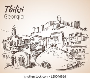 Panoramic view of old Tbilisi, Georgia. Isolated on white background