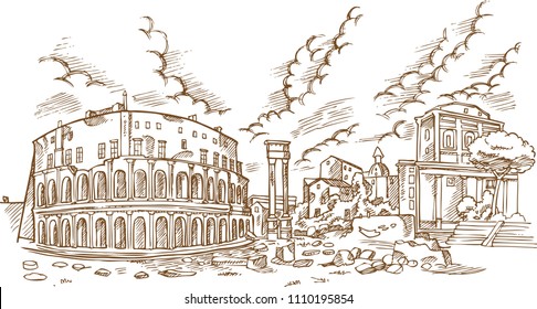 panoramic view on the ancient Theatre of Marcellus( Teatro di Marcello ), vector illustration hand draw