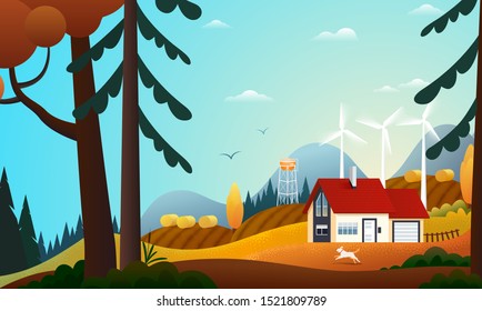 Panoramic view on country house in the autumn forest with  wind turbines. Farm in the countryside. Green energy and eco friendly cottage among trees. Vector illustration of landscape in autumn.