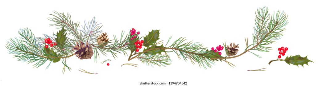 Panoramic view with pine branches, cones, holly berry. Horizontal border with Christmas tree on white background. Hand draw, watercolor style, decorative botanical illustration for design, vector