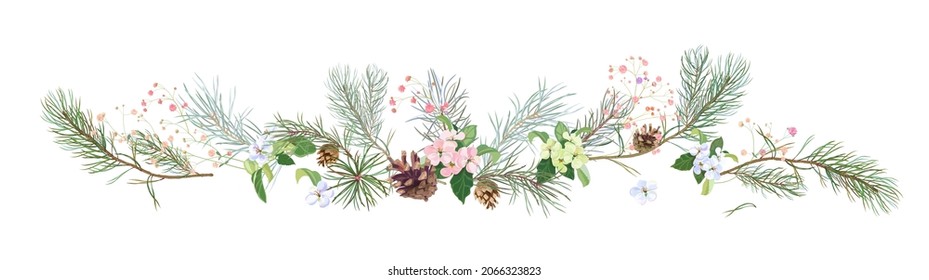 Panoramic view with pine branches, cones, spring blossom. Needles on white background. Digital realistic decorative botanical illustration for design in watercolor style. Christmas tree. vector