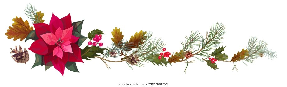 Panoramic view with poinsettia flower (New Year Star), pine branches, cones, holly berry, oak. Horizontal border for Christmas on white background. Realistic illustration in watercolor style. Vector