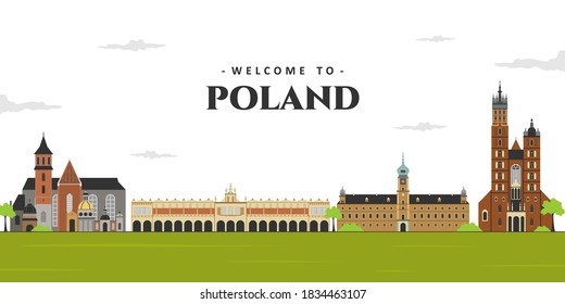 Panoramic view of Poland. City landscape in old town Poland with famous landmark building. Business travel vacation guide of goods, places and features
