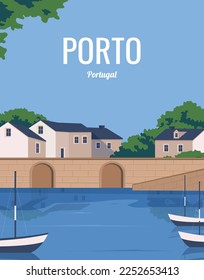 Panoramic view of Porto, Portugal. Old town on the Douro River. vector illustration background landscape with colored style for poster, postcard, card, art print, etc.