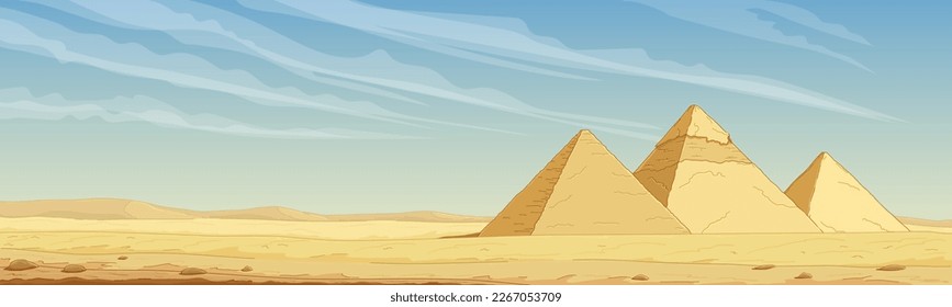 Vista panorámica de las Pirámides de Giza. Vida silvestre en Egipto, paisaje desértico bajo cielo azul. La antigua cultura egipcia, una de las maravillas del mundo. Dibujado a mano, caricatura. Ilustración vectorial.