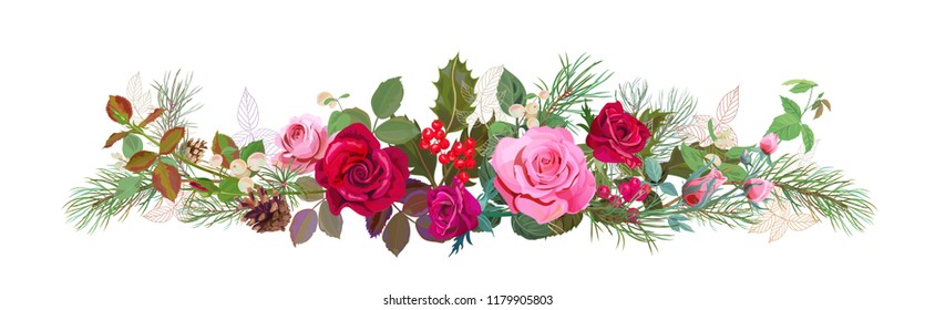 Panoramic view with red, pink roses, pine branches, cones, holly berry, common snowberry. Horizontal border for Christmas: flowers, leaves, white background, digital draw, watercolor style, vector