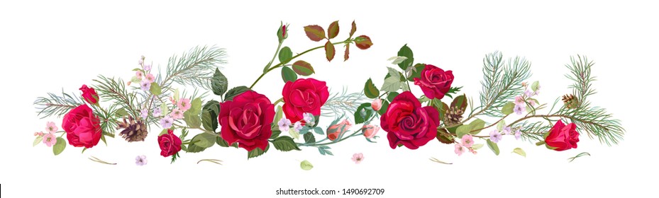 Panoramic view with red, pink roses, spring blossom, pine branches, cones. Horizontal border for Christmas: flowers, buds, leaves on white background, digital draw, watercolor style, vector