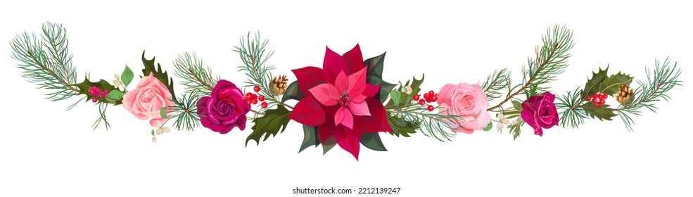 Vista panorámica con rojas, rosas rosadas, flor de poinsettia roja (Estrella de Año Nuevo), ramas de pino, conos. Borde horizontal para Navidad con fondo blanco, dibujo digital realista, estilo acuarela, vector