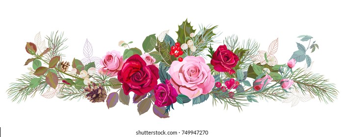 Panoramasicht auf Rot, rosafarbene Rosen, Kiefernäste, Buchten, Heilige Beeren, gemeinsame Snowberry. Horizontale Grenze zu Weihnachten: Blumen, Blätter, weißer Hintergrund, digitale Verlosung, Aquarell-Stil, Vektorgrafik