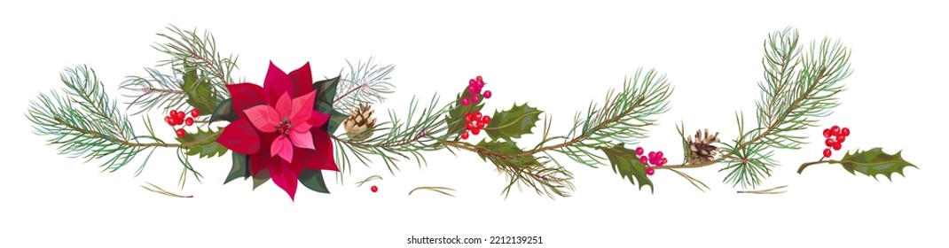 Panoramic view with red poinsettia flower (New Year Star), holly berry, pine branches, cones. Horizontal border for Christmas on white background, realistic digital draw, watercolor style, vector