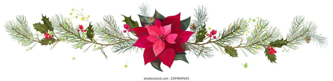 Panoramic view with red poinsettia flower (New Year Star), pine branches, cones, holly berry. Horizontal border for Christmas on white background. Realistic illustration in watercolor style. Vector
