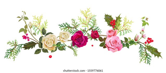 Panoramic view: red, white, pink roses, holly berry, thuja (arborvitae). Horizontal border for Christmas: flowers, buds, leaves, green twigs on white background, digital draw, watercolor style, vector