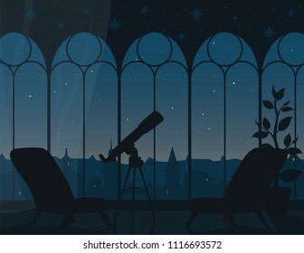 Panoramic view from room through arched windows to starry sky of town. Almost night, some light. Vector illustration of interior with two armchairs, telescope, city landscape. Astronomical observation