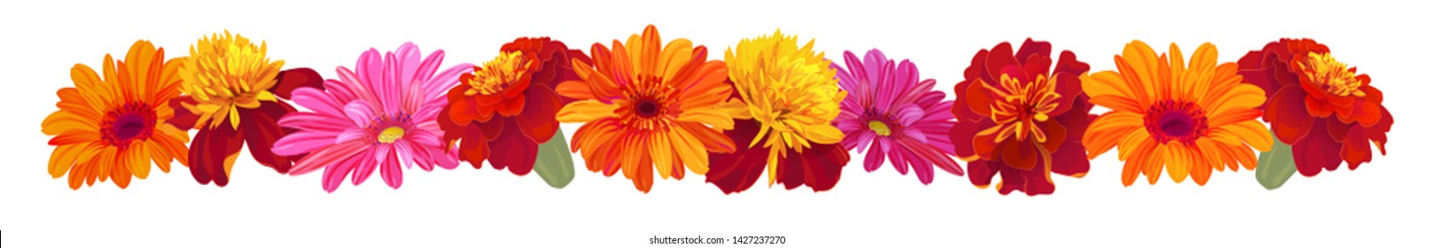 Panoramic view: roses, gerberas, daisies, marigold (tagetes). Horizontal border, garland flowers for Indian religion festive decoration. Botanical illustration, watercolor style, vintage, vector