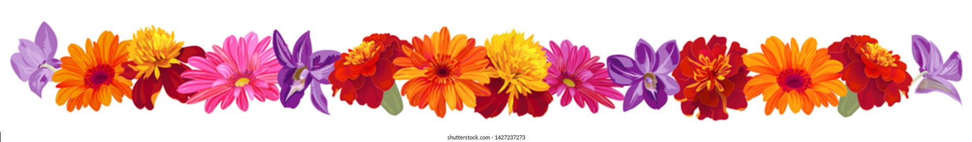 Panoramic view: roses, gerberas, daisies, marigold (tagetes), orchids. Horizontal border, garland flowers for Indian religion festive decoration. Botanical illustration, watercolor style, vector