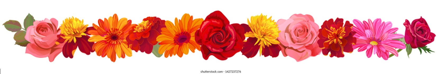 Panoramic view: roses, gerberas, daisies, marigold (tagetes). Horizontal border, garland flowers for Indian religion festive decoration. Botanical illustration, watercolor style, vintage, vector