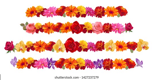 Panoramic view: roses, gerberas, daisies, marigold (tagetes), orchids. Horizontal border, garland flowers for Indian religion festive decoration. Botanical illustration, watercolor style, vector