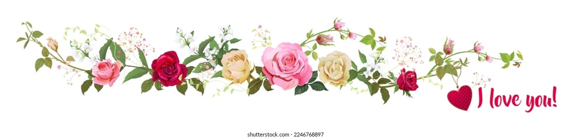 Panoramic view with roses, lilies, jasmine, red heart, "love you" scripture. Horizontal border for Valentine: flowers and twigs on white background. Realistic illustration in watercolor style, vector