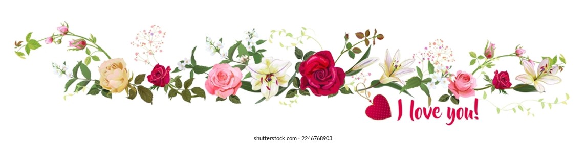 Panoramic view with roses, lilies, jasmine, red heart, "love you" scripture. Horizontal border for Valentine: flowers and twigs on white background. Realistic illustration in watercolor style, vector