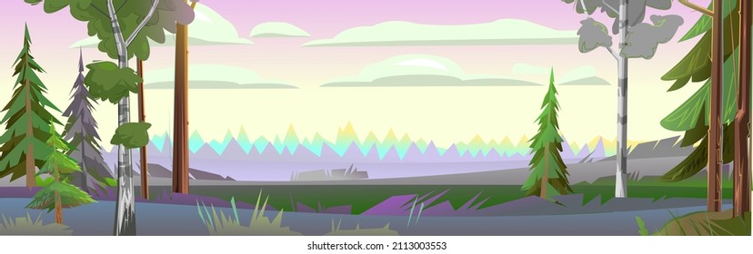 Panoramic view of the rural landscape. Evening time in the forest. Morning rural countryside landscape with trees. Illustration in cartoon style flat design. Vector.