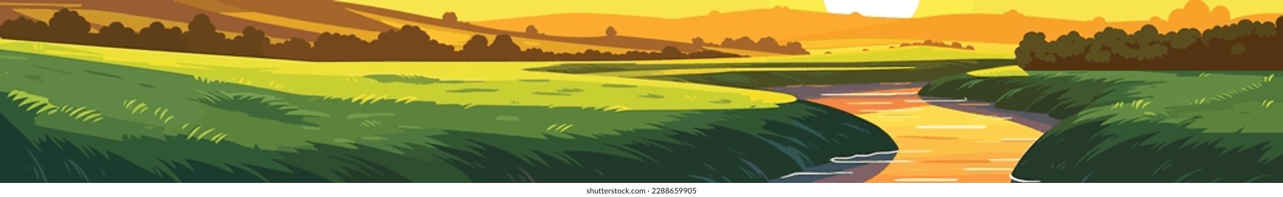 Panoramic view of Rural Summer Landscape with fields and rivers at sunset time. Evening sun at the horizon. Parallax scene. Layered Vector illustration