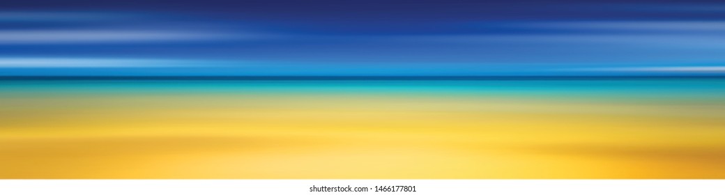 Panoramic view of the sandy beach of the sea, blurred summer background. Blue sky, sea and yellow sand.